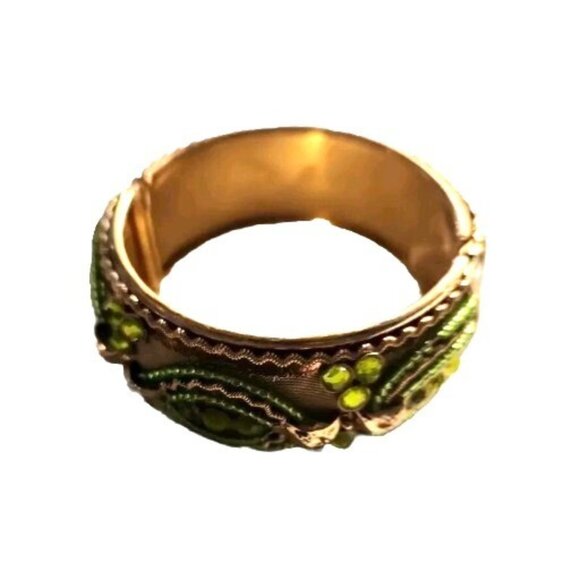 Vtg Gold-Tone Hinged Bangle Bracelet Green Beads statement - Picture 3 of 6